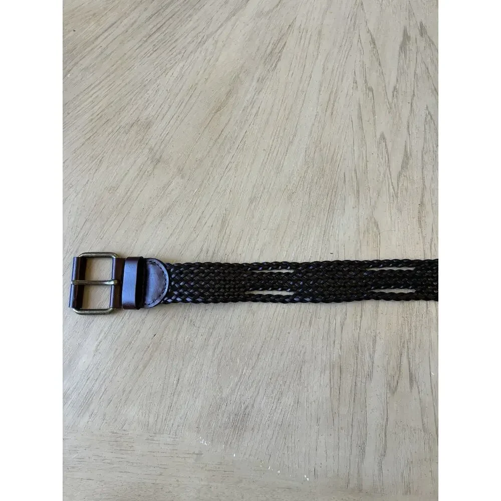 DKNY Women's Mocha Brown Braided Woven Wide Leather Belt w/ Buckle Minimalist M